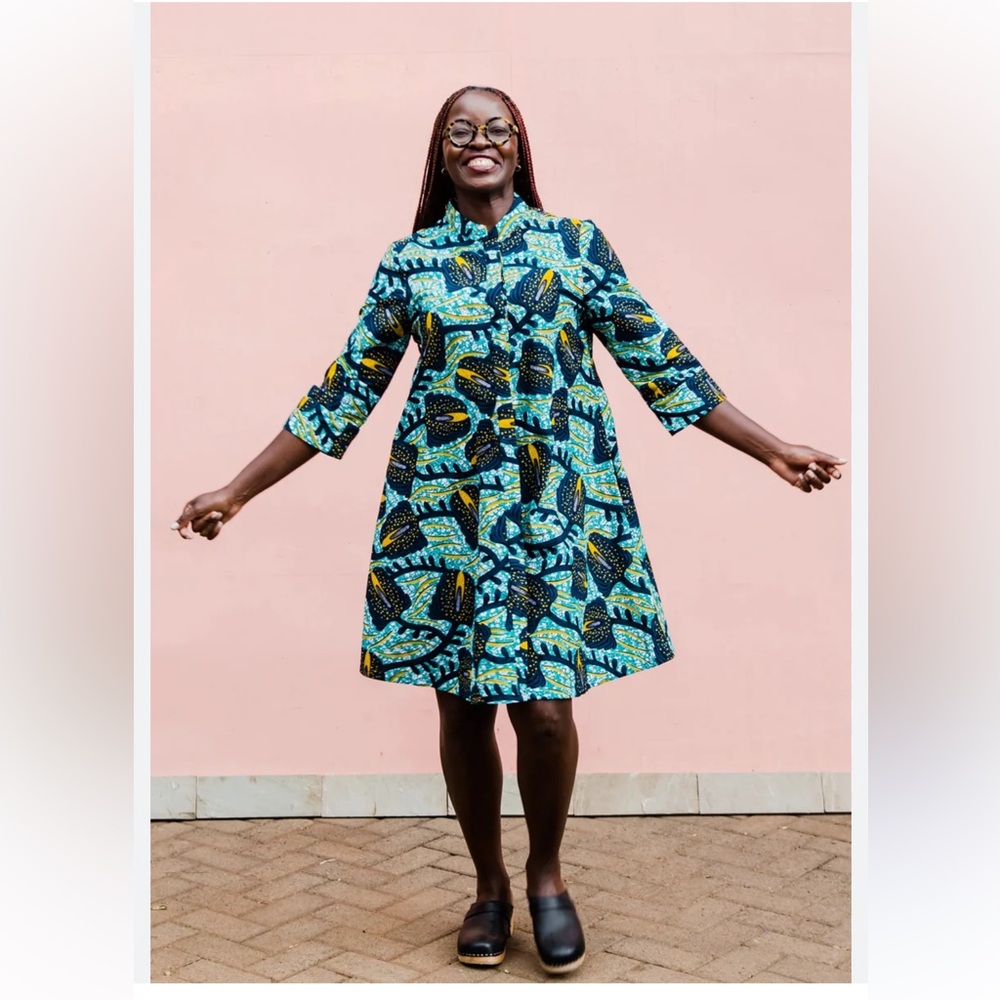 ZURI Calla Friend Blue & Green Patterned Cotton A-Line Dress